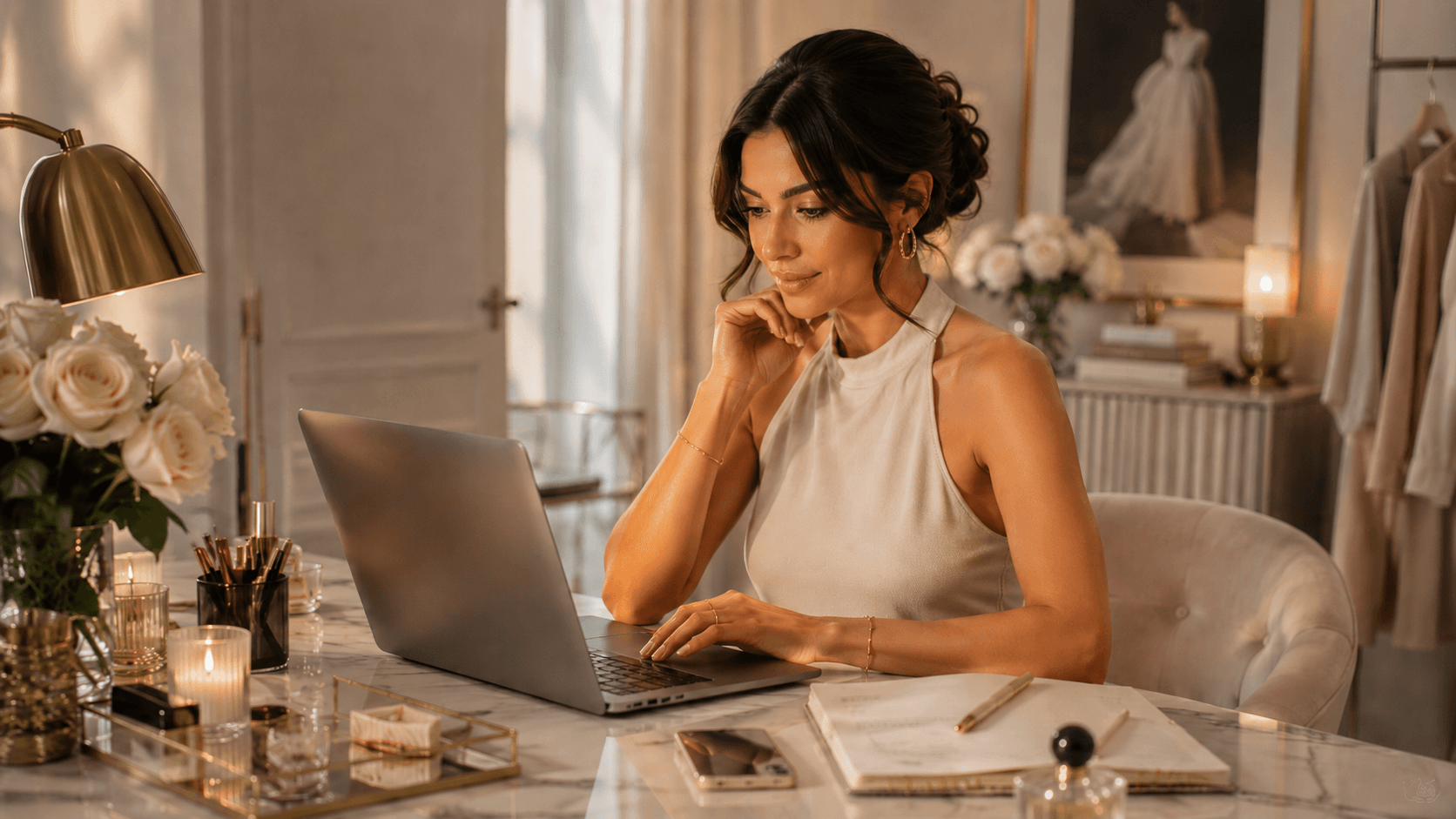 Mujer escribiendo la descripción de su perfil en una laptop, con estética elegante, luz cálida y detalles premium.