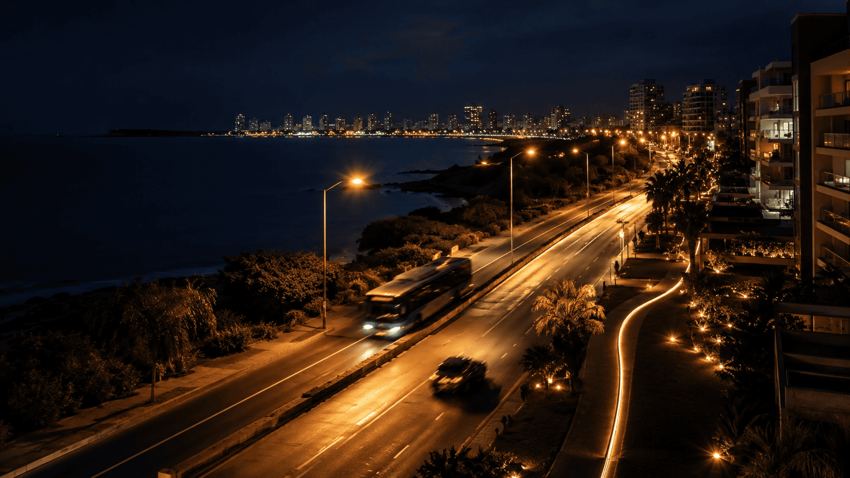 Tránsito nocturno entre Maldonado y Punta del Este con ómnibus y automóviles.