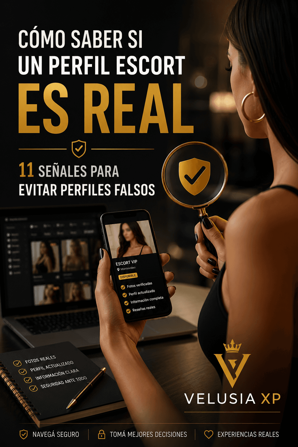 Mujer revisando un perfil escort desde el celular con una lupa, representando cómo identificar perfiles reales y evitar perfiles falsos en plataformas de escorts.