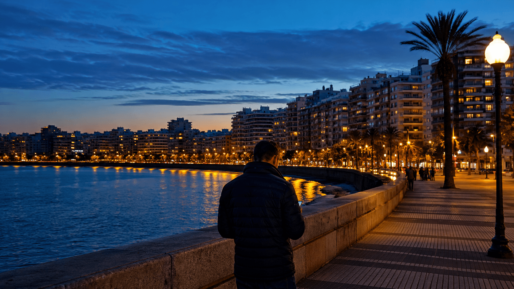 Rambla de Montevideo iluminada de noche frente a los barrios costeros.