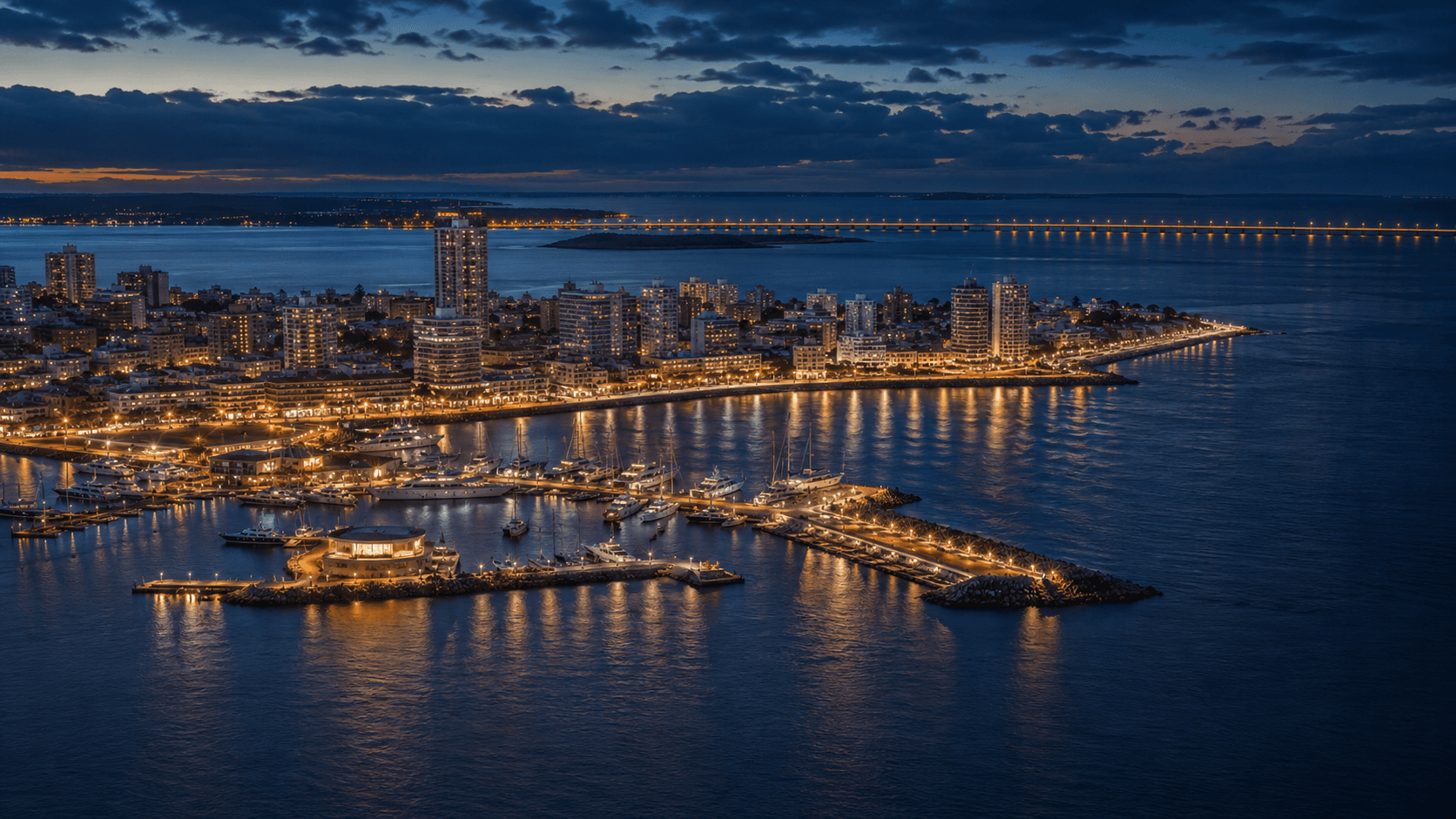 Vista al atardecer de la costa, el puerto y la Península de Punta del Este.