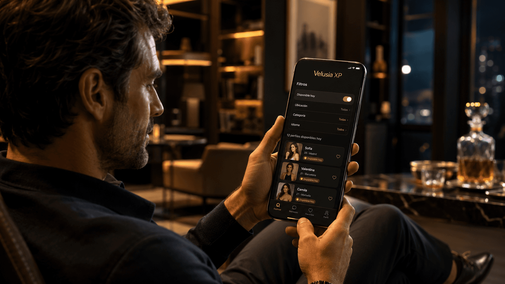 Hombre usando un celular para filtrar perfiles disponibles hoy en una plataforma premium de escorts en Uruguay, con estética oscura y dorada.