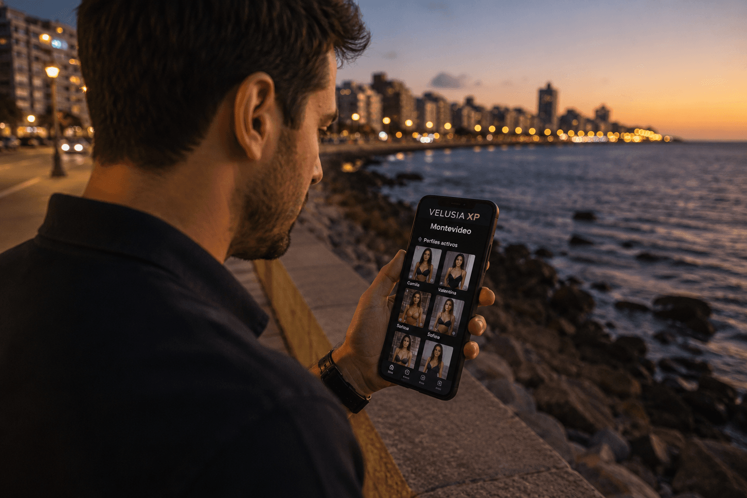 Hombre mirando perfiles activos de escorts en Montevideo desde su celular, con la rambla de fondo y estética premium oscura y dorada