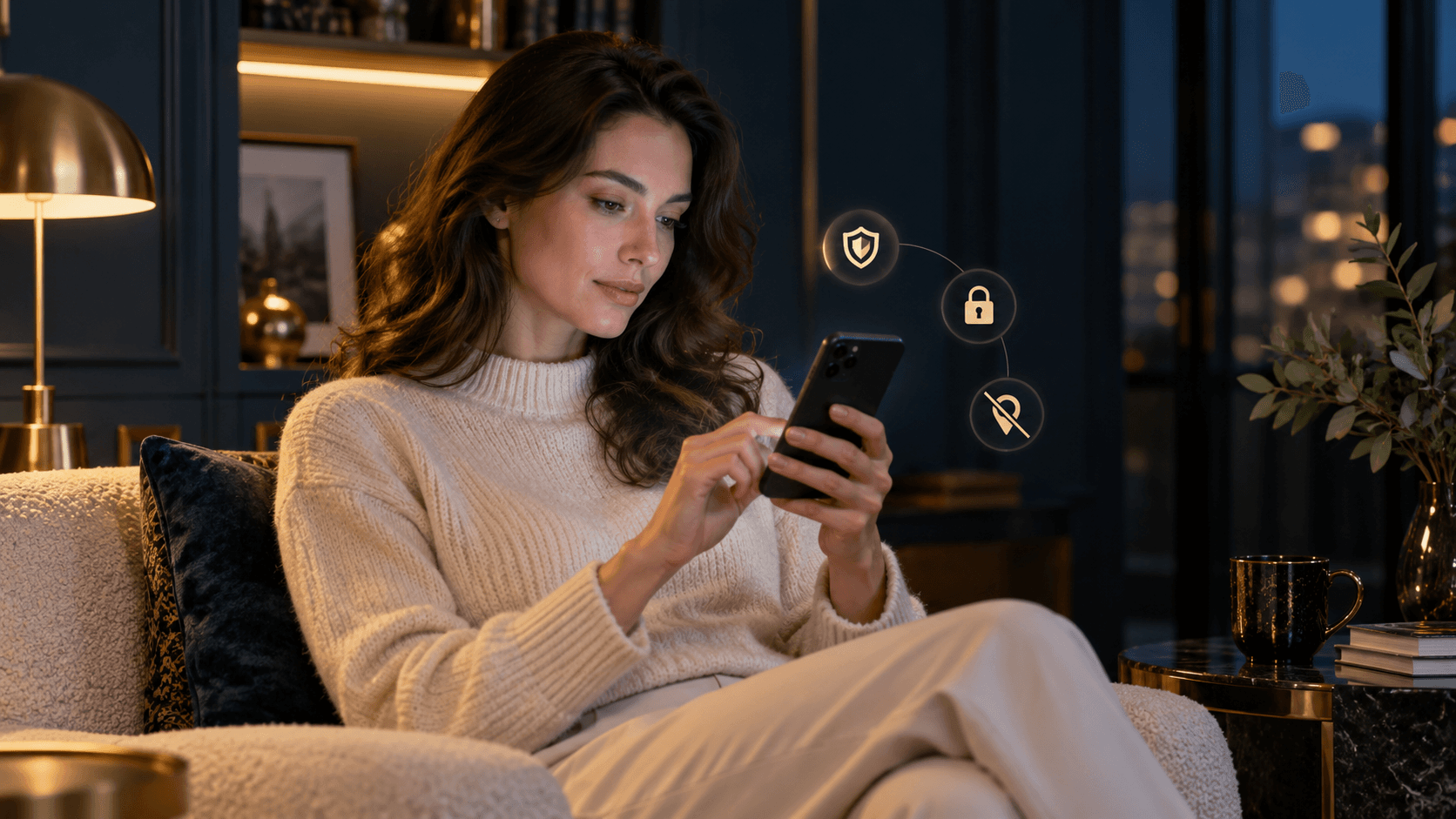 Mujer configurando la privacidad de su celular antes de publicar un perfil profesional.